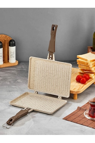 Döküm Granit Ocak Üstü El Tost Makinası Krem Gümüş- Siyah