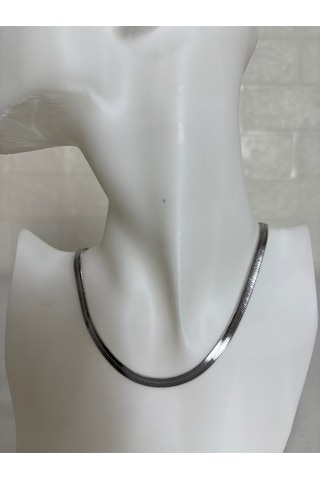 Kadın Gümüş Renk Yassı Zincir Kolye Modern Şık Herringbone Gümüş
