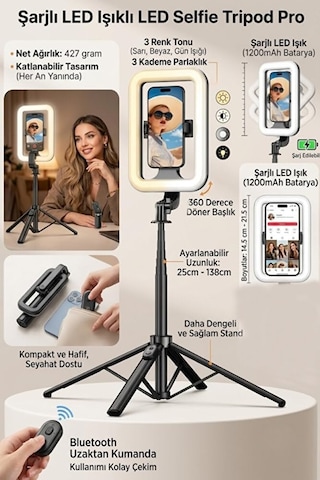 Bluetooth Kumandalı Şarjlı 8 İnç Led Ring Light Katlanabilir Selfie Çubuğu Ve Tripod 3 Renk Tonu 25-138cm Diğer