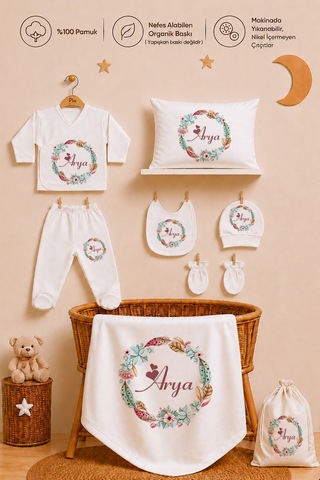 Pia Baby Kız Bebek Hastane Çıkışı 12 Parça %100 Pamuk İsme Özel Organik Baskılı Kese Hediyeli 101711kyx Ekru