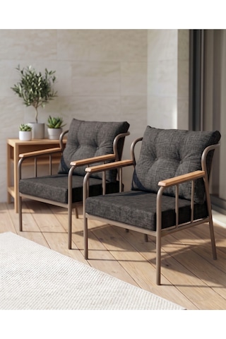 Paris Metal İskeletli Siyah Keten Dokulu Balkon Bahçe Berjeri 2 Li Set Cappucino Gövde Modern Tekli Koltuk