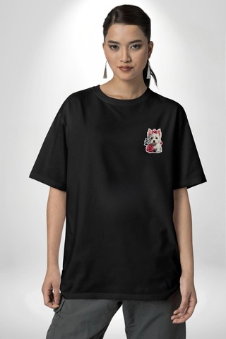 Beyaz Highland Teriyeri Kırmızı Gül Siyah Oversize Unisex Ön Sol Yan Minimal Baskılı Tişört Koyu Siyah