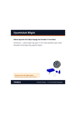 Trobus Sökme Aparatlı Sivri Bijon Kapağı Seti 20 Adet 17 Mm Mavi