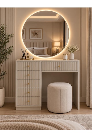 Led Aynalı Çıtalı Çekmeceli Makyaj Masası Bej