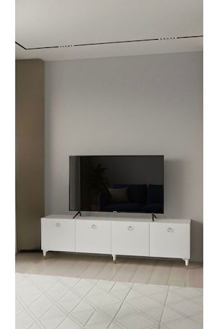 Modern Mobilya Belçika Tv Ünitesi Tv Sehpası Ayaklı 4 Kapaklı Beyaz 240 Cm Beyaz