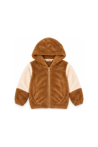 Luess Unisex Çocuk Kahverengi Ekru Peluş Kapüşonlu Fermuarlı Mont / 4-12 Yaş Sütlü Kahve