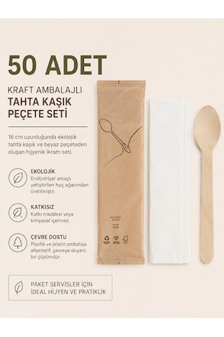 Tahta Kaşık Peçete Seti 50li Kağıt Ambalajlı Tatlı Sunumları, Parti,tadımlık Servisleri Açık Kum