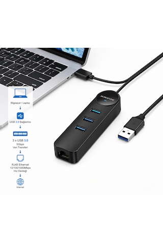 3'ü 1 Arada Usb 3.0 Çoklayıcı 3 Port + Rj45 Ethernet Lan Adaptörü