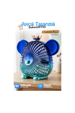 Auhma Aufn16 Dekoratif Ayıcık Masaüstü Fan Mavi Şarjlı, Sessiz, 1200mah Kablosuz Mini Vantilatör