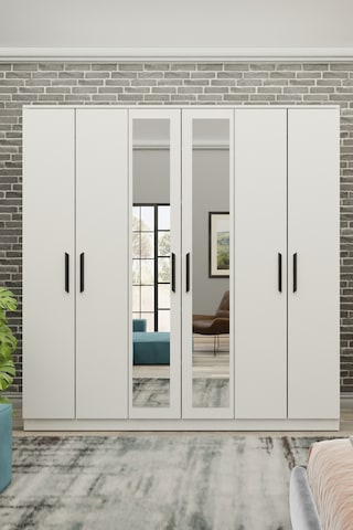 Gm 081 Favorite 6 Kapılı Aynalı Beyaz Siyah Kulplu Gardırop