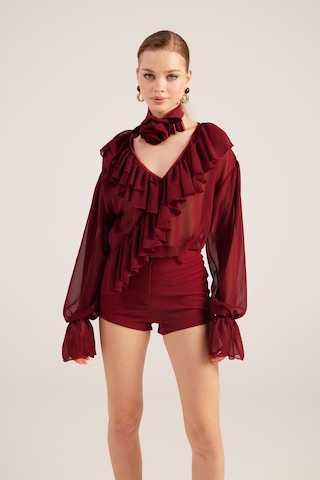 Holly Lolly Fırfırlı Güllü Choker Aksesuarlı Şifon Sassy Gömlek Bordo