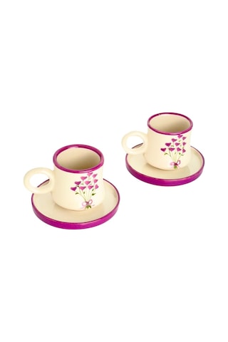 2 Li Takım Mor Kalp Buketi El Yapımı Kazan Seramik Kahve Fincanı, Kahve Fincanı, Hand Made Beyaz