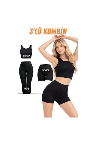 Kadın Siyah 3 Lü Spor Kombin Crop Atlet, Uzun Tayt Ve Şort Tayt Esnek, Toparlayıcı, Günlük-387 siyah