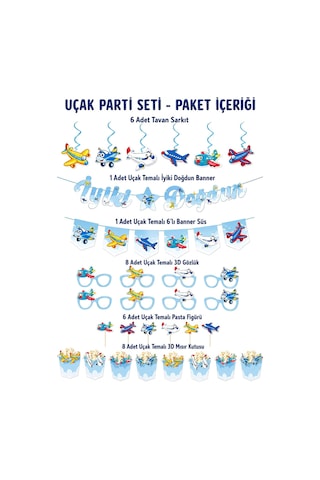 Uçak Temalı Doğum Günü Parti Seti İyi Ki Doğdun Banner, Tavan Sarkıt, Gözlük, Pasta Süsü Ve Mısır Kutusu Mavi