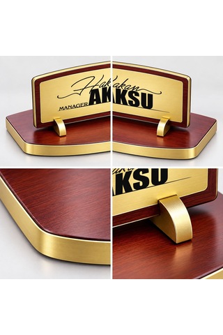 Bk Gift Kişiye Özel Ahşap Masa İsimliği Gold Plakalı Bk27 -4 Çok Renkli
