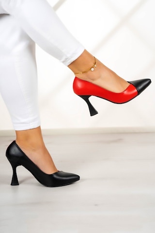 Jatqılı Plus Siyah Kırmızı Kadeh Topuklu Ayakkabı Siyah - Kırmızı