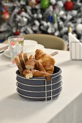 Silver Yuvarlak Ekmek Sepeti Şık,ekmeklik Mavi Hasır Örmeli Makrome-çok Amaçlı Metal Paslanmaz Gümüş