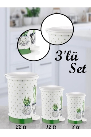 Bayev 3lü Kaktüs Desen Pedallı Çöp Kovası 8/12/22 Litre Çok Renkli