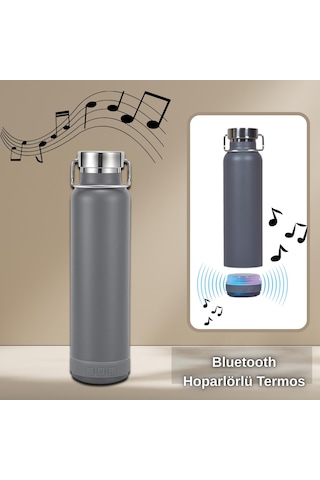 Bluetooth Hoparlörlü Paslanmaz Çelik Termos 600 Ml-çift Katmanlı Gri