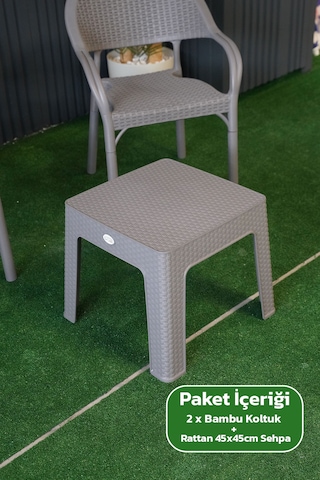 Bambu Rattan Görünümlü Sehpalı Set 2 Adet Koltuk + 45 Cm Sehpalı Sandalye Seti Gri