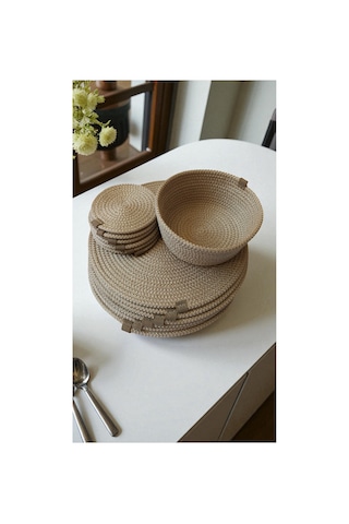 Kaan Home 13 Parça El Dokuma Kahvaltı Seti - 6 Supla 6 Çay Altı 1 Ekmek Sepeti Vegan Sunum Bej