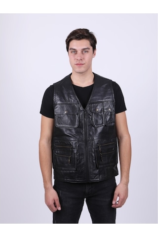 New Zaya Leather Erkek Siyah Deri Yelek (468581124)