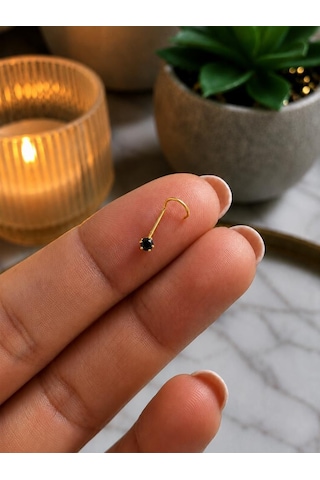 925 Ayar Gümüş Siyah Taşlı Sarı Renk Burun Hızması Piercing Minimal L Şekilli Unisex Nose Stud
