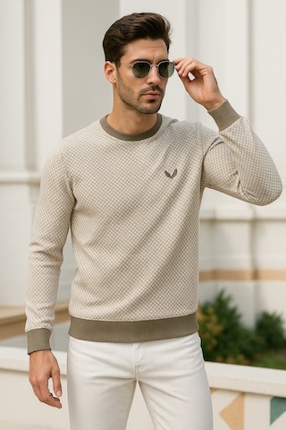Rich Erkek Bej Kare Desenli Bisiklet Yaka Sweatshirt Bej
