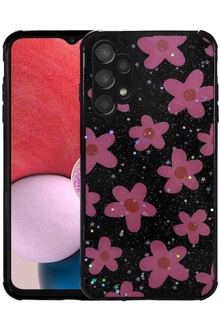 Galaxy Uyumlu A13 4g Kılıf Simli Desenli Kamera Korumalı Parlak Popy Kapak - Çiçek Çiçek Çiçek