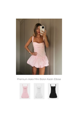 Açelyaokcu Premium Askılı Mini Balon Kadın Elbise Pembe