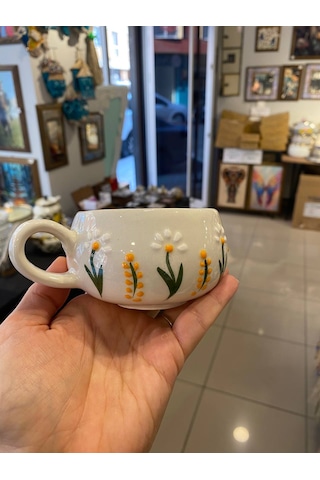 Seramik El Yapımı Fincan Takımı 2'li Set Dal Papatya Desenli Beyaz - Sarı