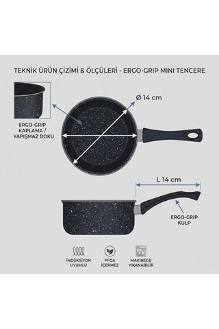 Granit Tencere, Siyah, Yapışmaz Kaplama, Ergonomik Sap, İndüksiyon Uyumlu, Yumurta Ve Çikolata Pişirme İçin 12v