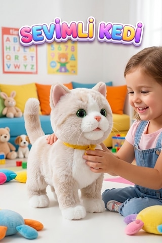 Sevimli Kedi Uzaktan Kumandalı Sesli Miyavlıyan Dil Çıkaran 5 Fonksiyonlu Oyuncak Peluş Hayvan Krem