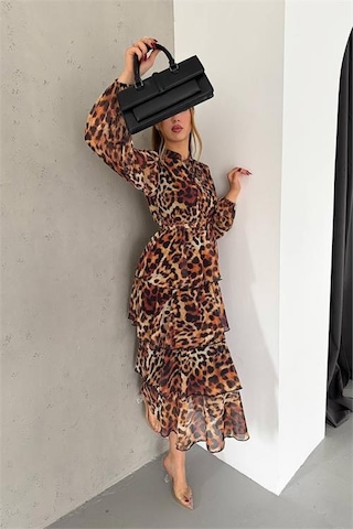 Neşeli Butik Kadın Eteği Kat Kat Leopar Desenli Şifon Elbise Nbkklf2036 Kahverengi