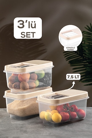 Meleni Home Multibox Kayar Kapaklı Erzak Saklama Kabı Krem 3 x 7.5 L Krem