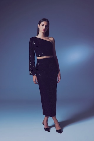Sateen Kadife Payetli Midi Etek - Siyah-135602 Siyah