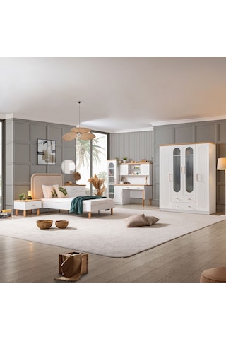 Vita Bohem Genç Odası - 4 Kapaklı Dolap, Karyola, Komodin, Çalışma Masası, Şifonyer, Kitaplık Beyaz