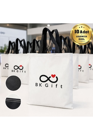 Bk Gift Logonuza Özel 10 Adet Ekonomik Siyah Saplı Çift Renk Bez Çanta 35x40 Cm Baskılı Set Bej