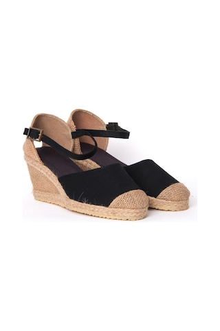 Star Tombis Gerçek Elişi Siyah Bilekten Bantlı Topuğu Açık Keten Espadril Dolgu Topuk Handmade Siyah