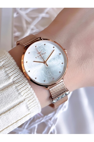 Ferro Hasır Kordonlu Rose Gold Kararmaz Renk Atmaz 3 Atm Özel Tasarım Kadın Kol Saati Bf21087cwt-c