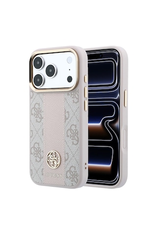 Apple iPhone Uyumlu 18 Pro Kılıf Guess Lisanslı M-safeli Deri 4g Desenli Şeritli Yazı Logolu Kapak Pembe