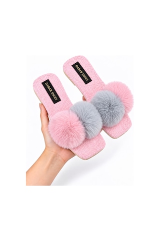 Dabab Shoes Pomella Kadın Pembe Çift Ponponlu Peluş Bantlı Kaymaz Tabanlı Önü Açık Ev Terliği