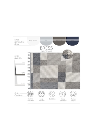 Cool Halı Bress 1403 Gri Mavi Hav Toz Vermez Hasır Dokulu Salon Mutfak Antre Bukle Örgü Modern Desen Halı