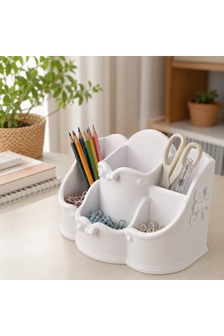 Çok Bölmeli Fiyonk Ve Çiçek Detaylı Masaüstü Organizer Renk Seçenekli Beyaz