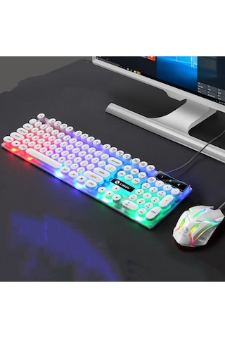 Lımeıde Gtx300 104 Tuşlu Retro Yuvarlak Tuş Kapağı Usb Kablolu Mouse Klavye, Kablo Uzunluğu: 1.4m, Renk: Punk Set Beyaz