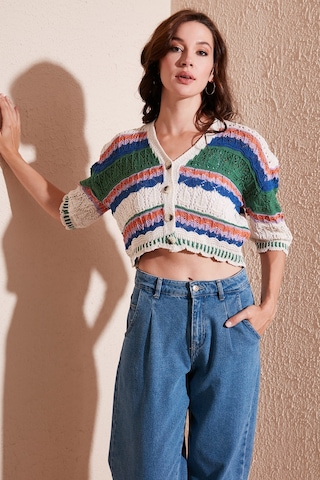 Lela Renkli V Yaka Ajurlu Crop Bayan Hırka 6071583 Ekru-Yeşil