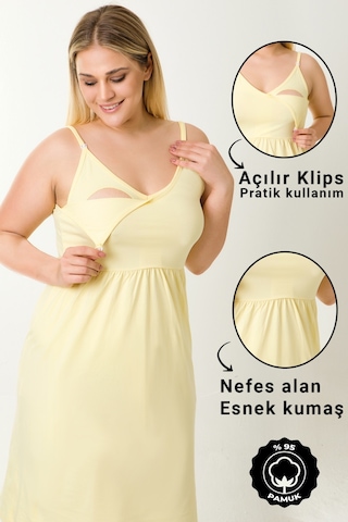 Parlingerie Hamile Lohusa Geceliği İp Askılı Sarı