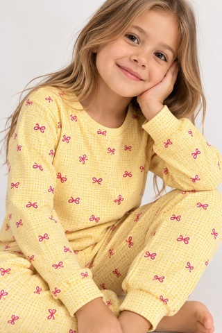 Free Beka Desenli Bisiklet Yaka %100 Pamuklu İnterlok Kumaş Kız Çocuk Uzun Kollu Pijama Takımı Sarı