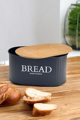 Ahşap Kapaklı Metal Ekmeklik Siyah Siyah