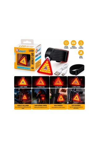 Bisiklet Feneri Led Usb Şarjlı 4 Fonksiyonlu - Sinyal Işık K-1176 5468 Çok Renkli